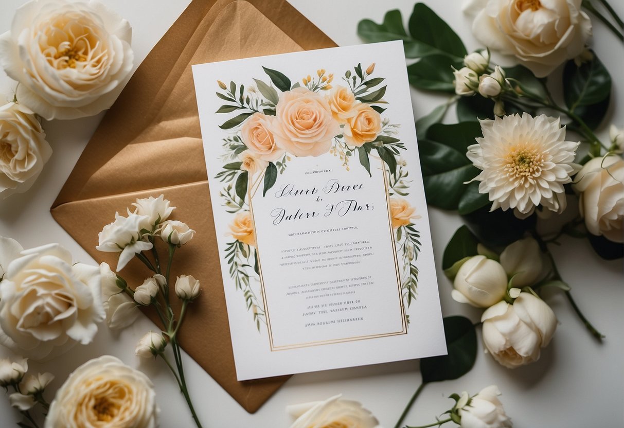 A beautifully decorated wedding invitation surrounded by flowers and elegant calligraphy