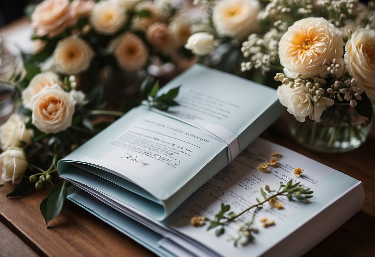 A table covered in wedding binder ideas, with color swatches, fabric samples, and floral arrangements scattered around