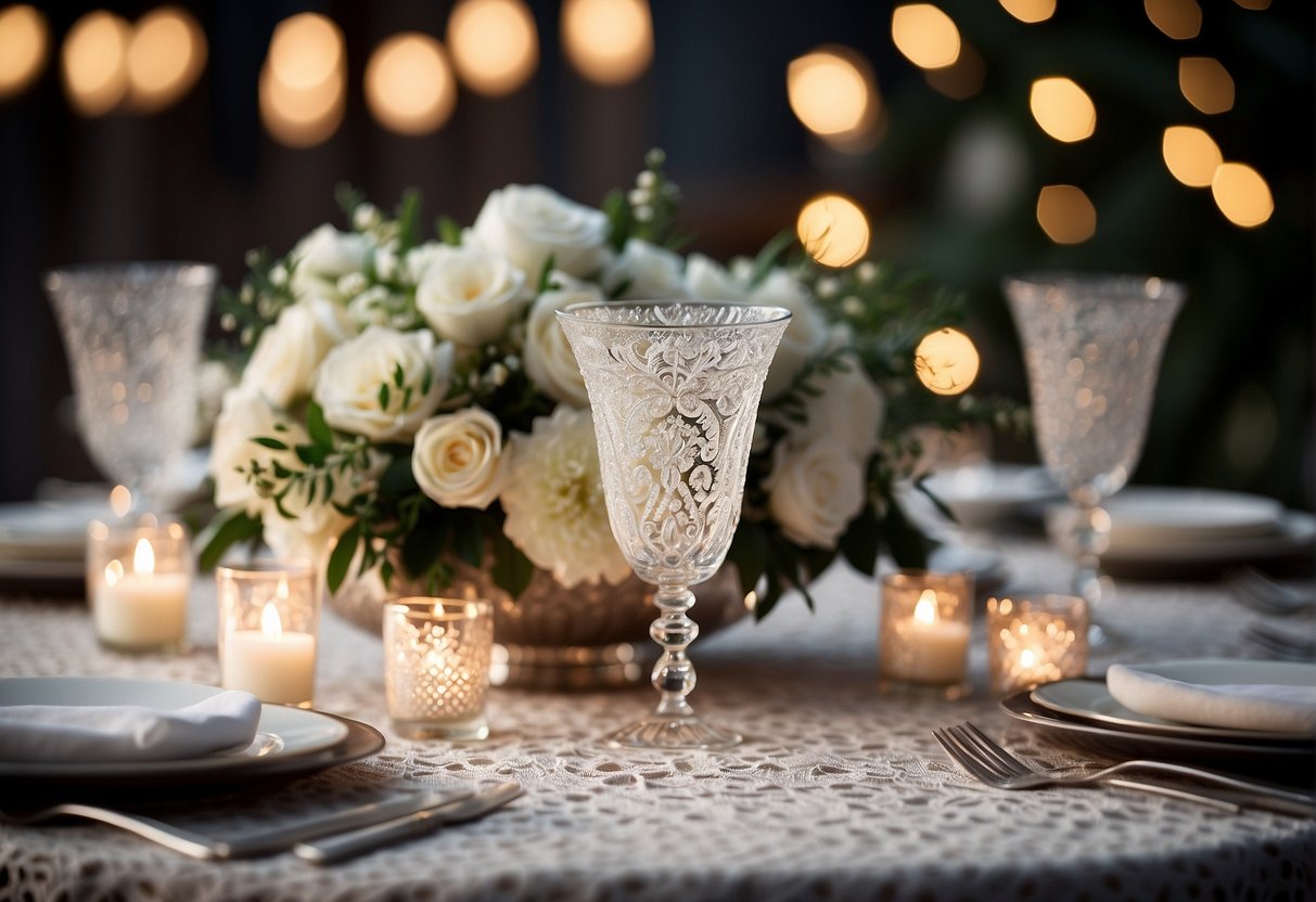 A table adorned with elegant white lace tablecloth, adorned with delicate floral centerpieces and sparkling candle holders