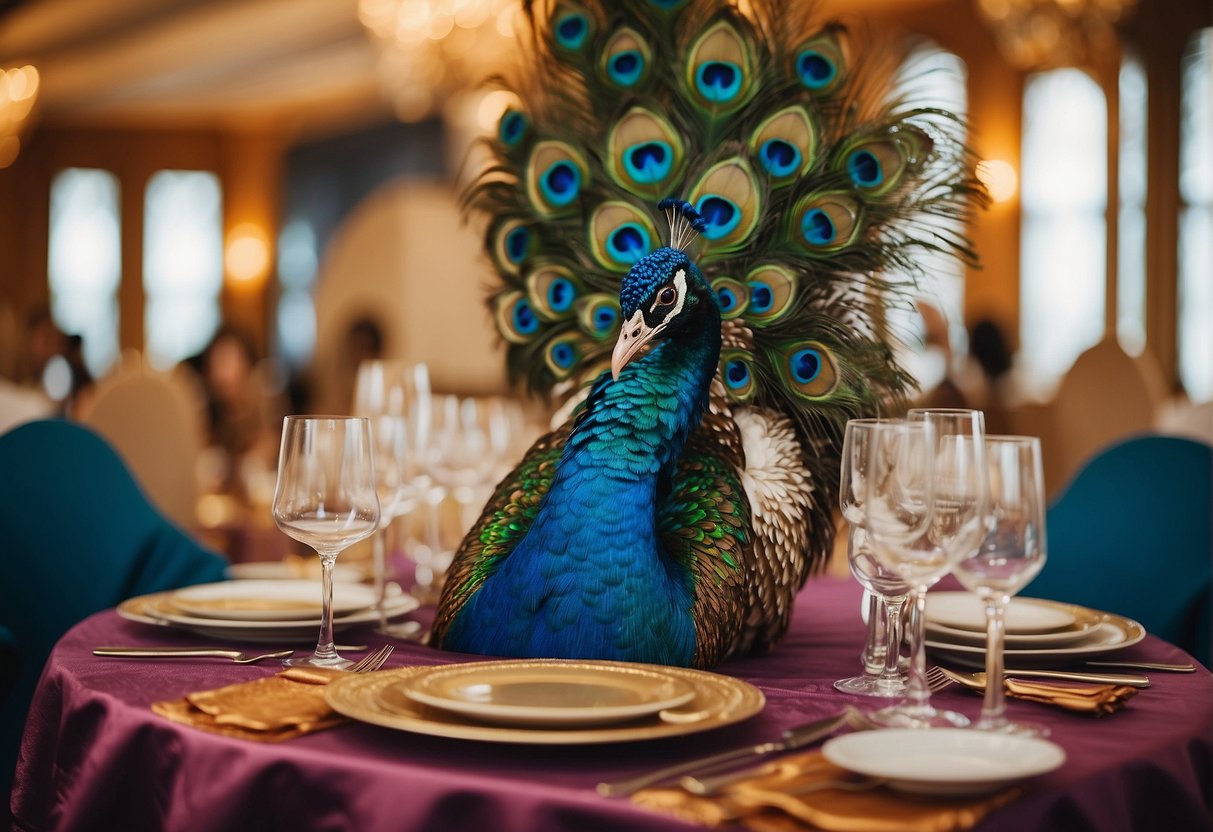 A vibrant peacock-themed wedding banquet with colorful feathers, elegant table settings, and ornate culinary displays