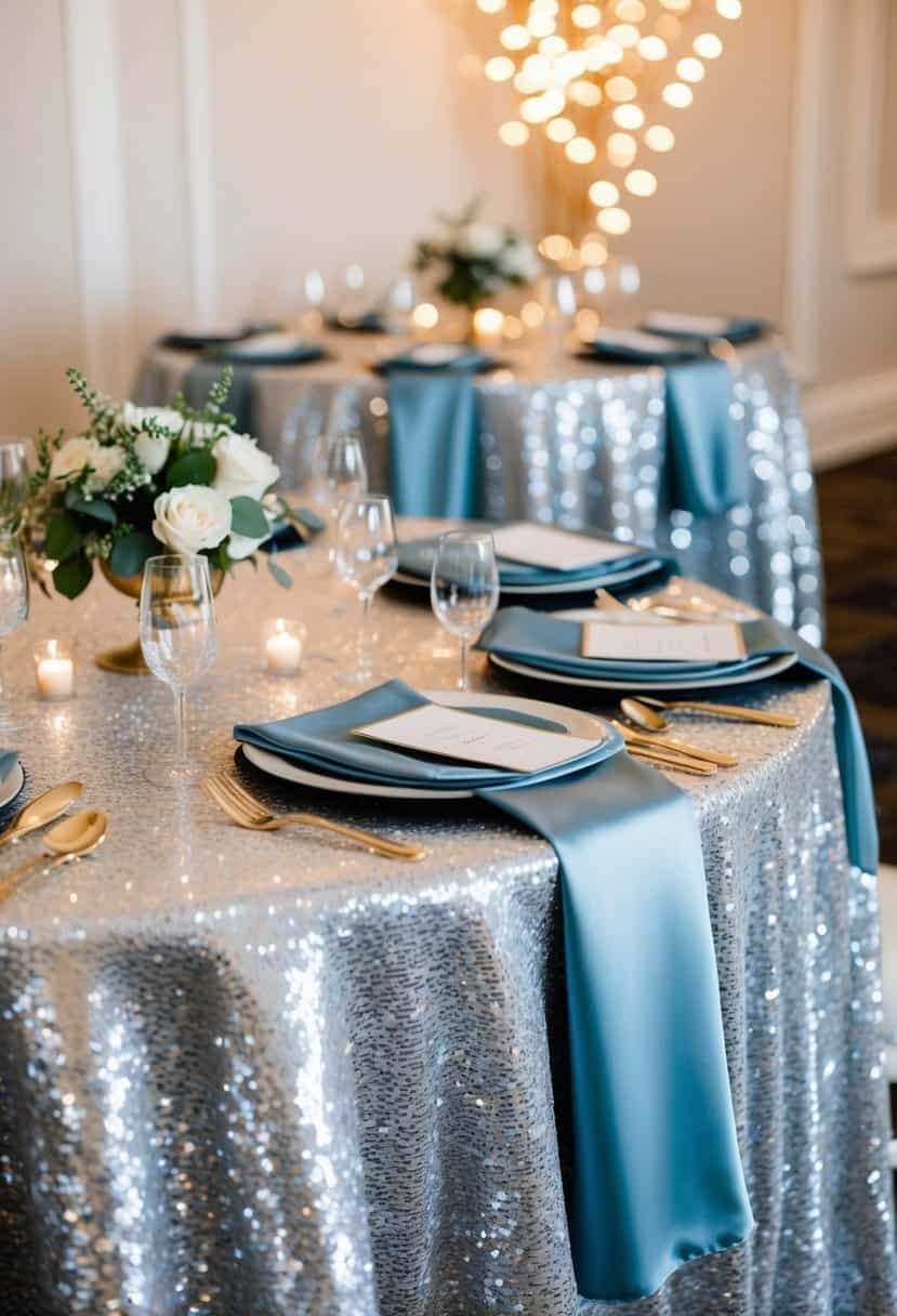 A table set with silver sequin tablecloths and dusty blue napkins
