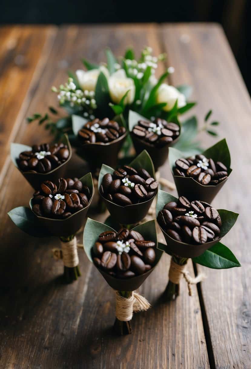 A group of dark brown coffee bean boutonnières arranged on a rustic wooden table with greenery and small white flowers