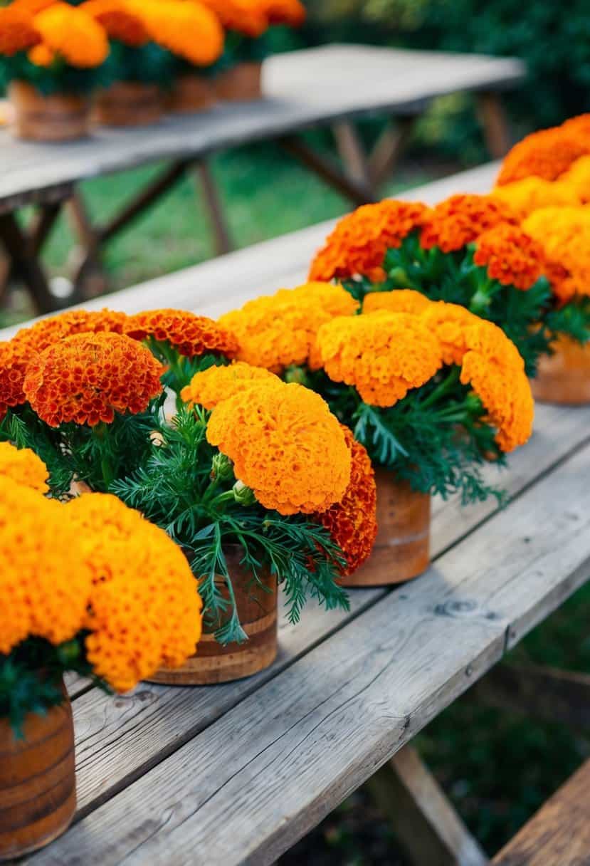 Vibrant marigold bouquets arranged on rustic wooden tables at an outdoor autumn wedding