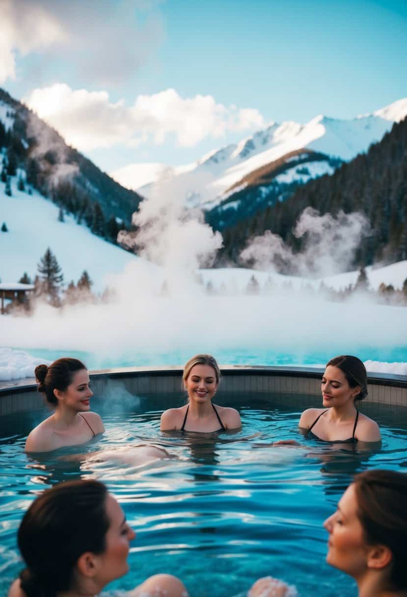 A group of women relax in hot springs surrounded by snowy mountains. Steam rises from the water as they enjoy a spa day in the winter wonderland