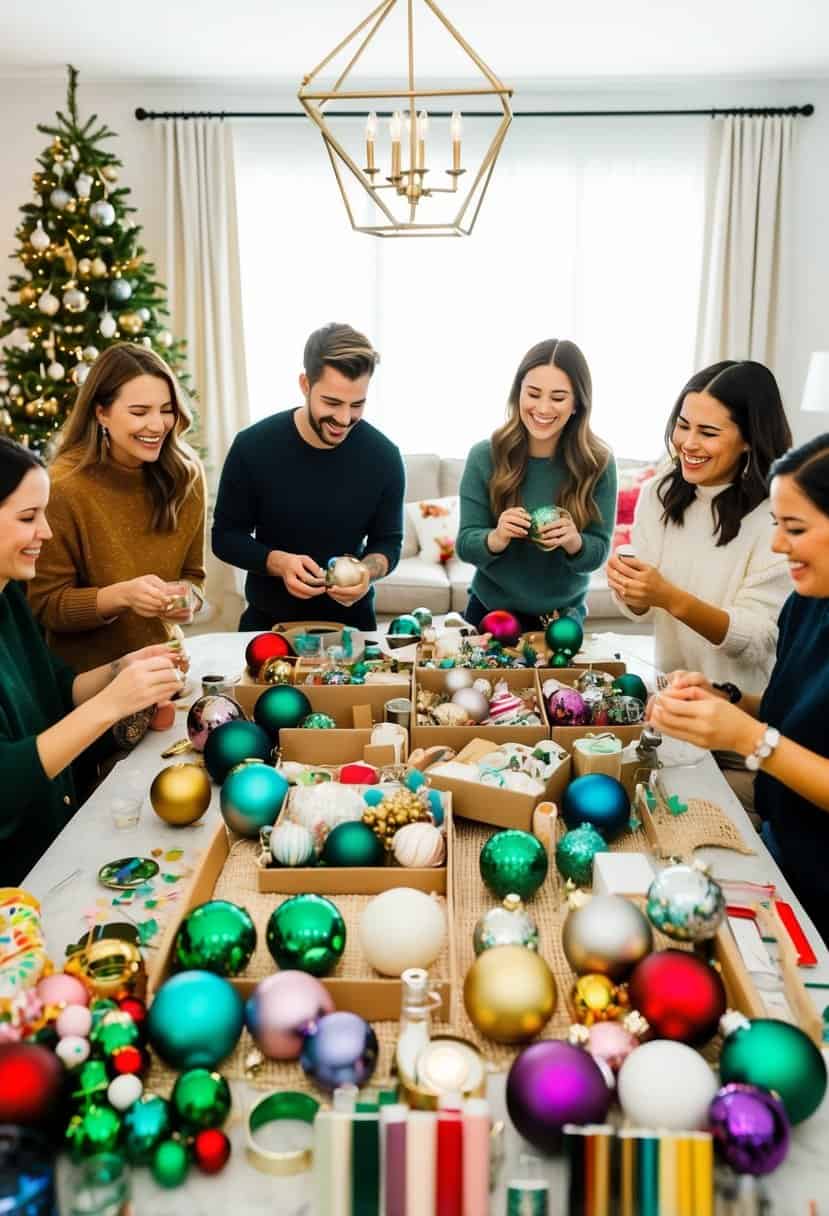 A cozy living room with a large table covered in craft supplies, surrounded by friends laughing and creating holiday ornaments