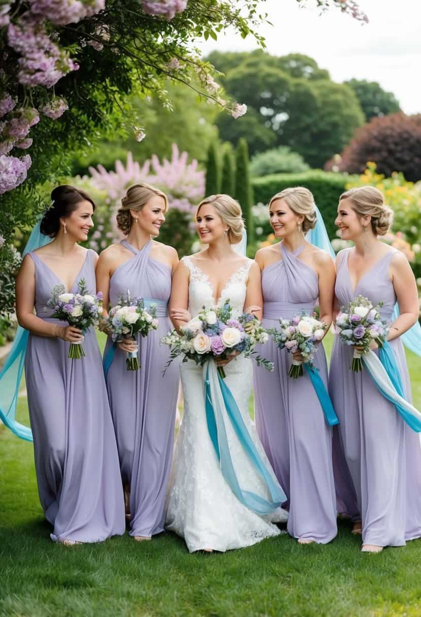 A garden wedding with lilac bridesmaid dresses and sky blue accents. Blooming flowers and flowing fabric create a romantic atmosphere