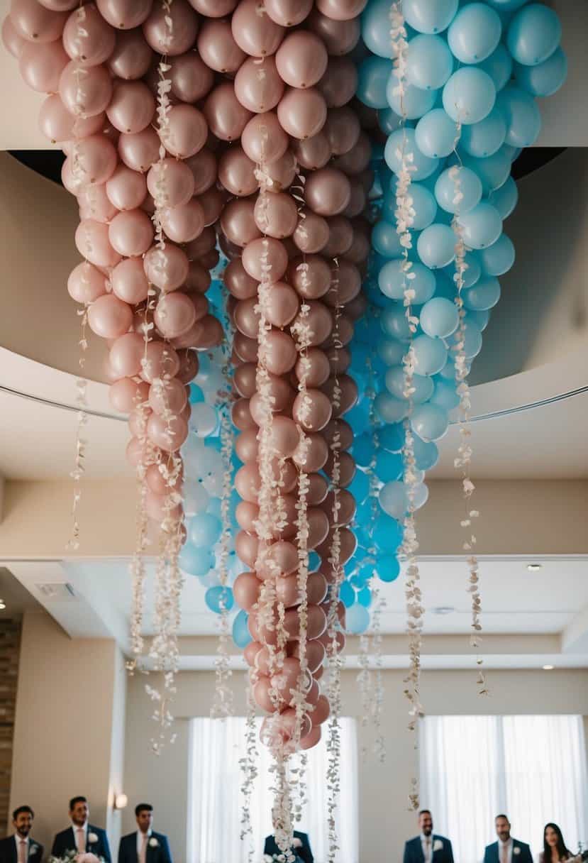 A whimsical installation of dusty rose and baby blue balloons cascading from the ceiling, creating a dreamy and romantic atmosphere for a wedding celebration