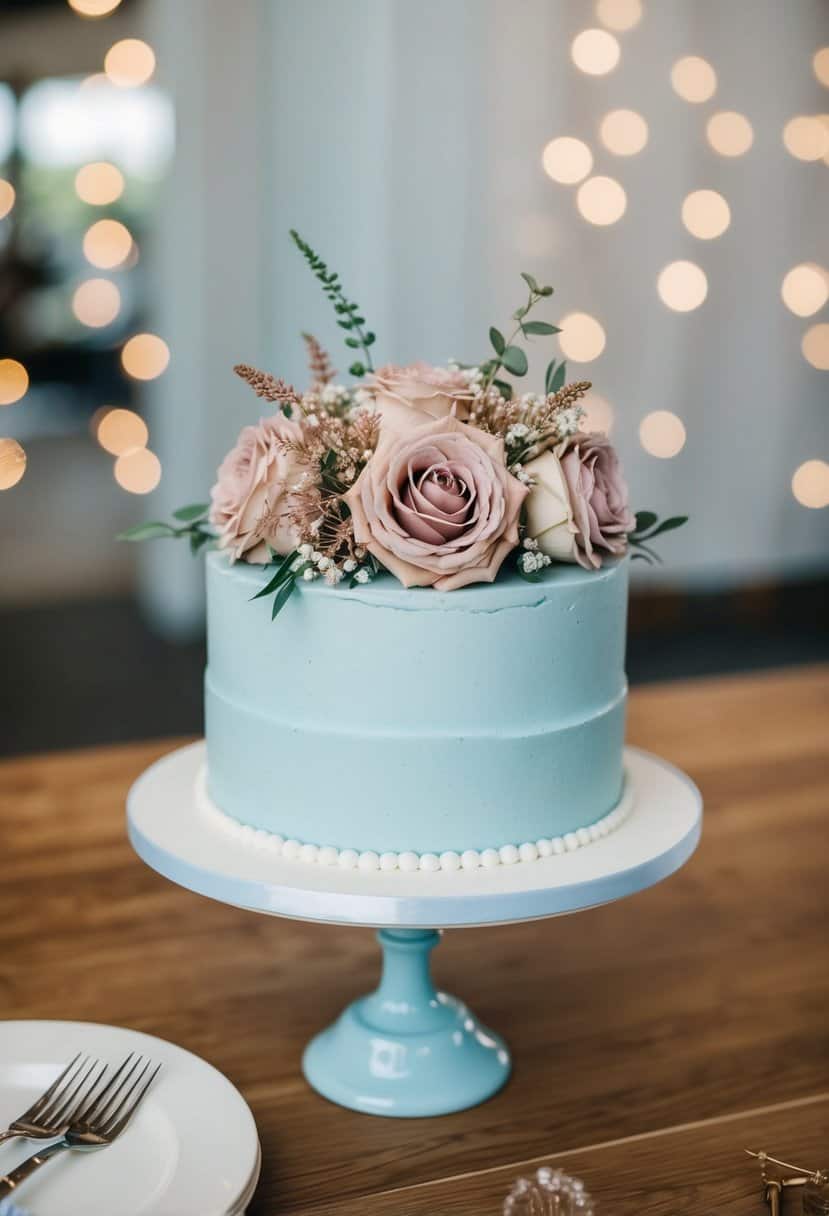 A baby blue wedding cake adorned with dusty rose floral toppers