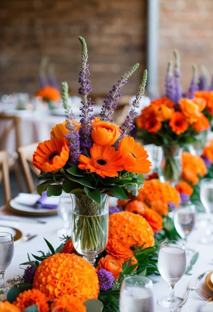 Vibrant orange floral centerpieces arranged with delicate lavender accents for a wedding celebration