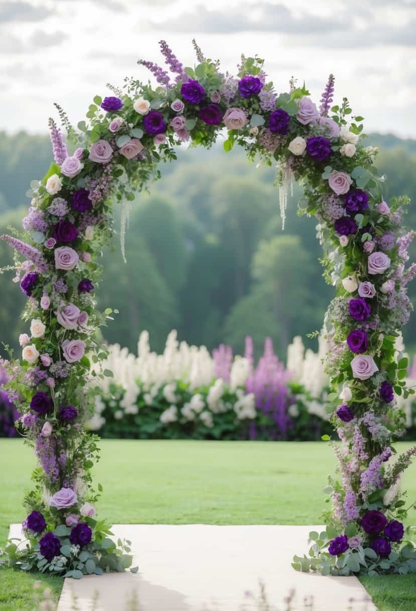 A lush floral arch in shades of violet and sage green, set against a dreamy wedding backdrop