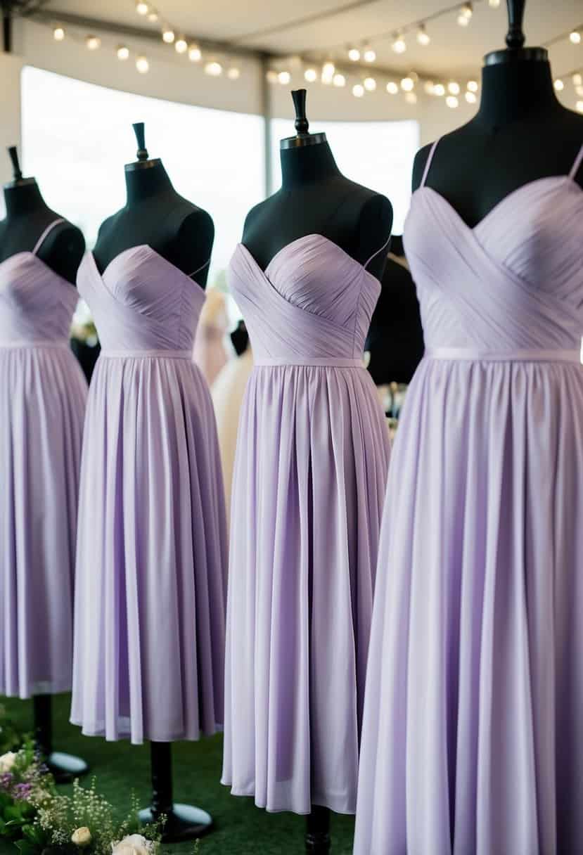 A group of mannequins wearing lilac bridesmaid dresses in a lavender-themed wedding display