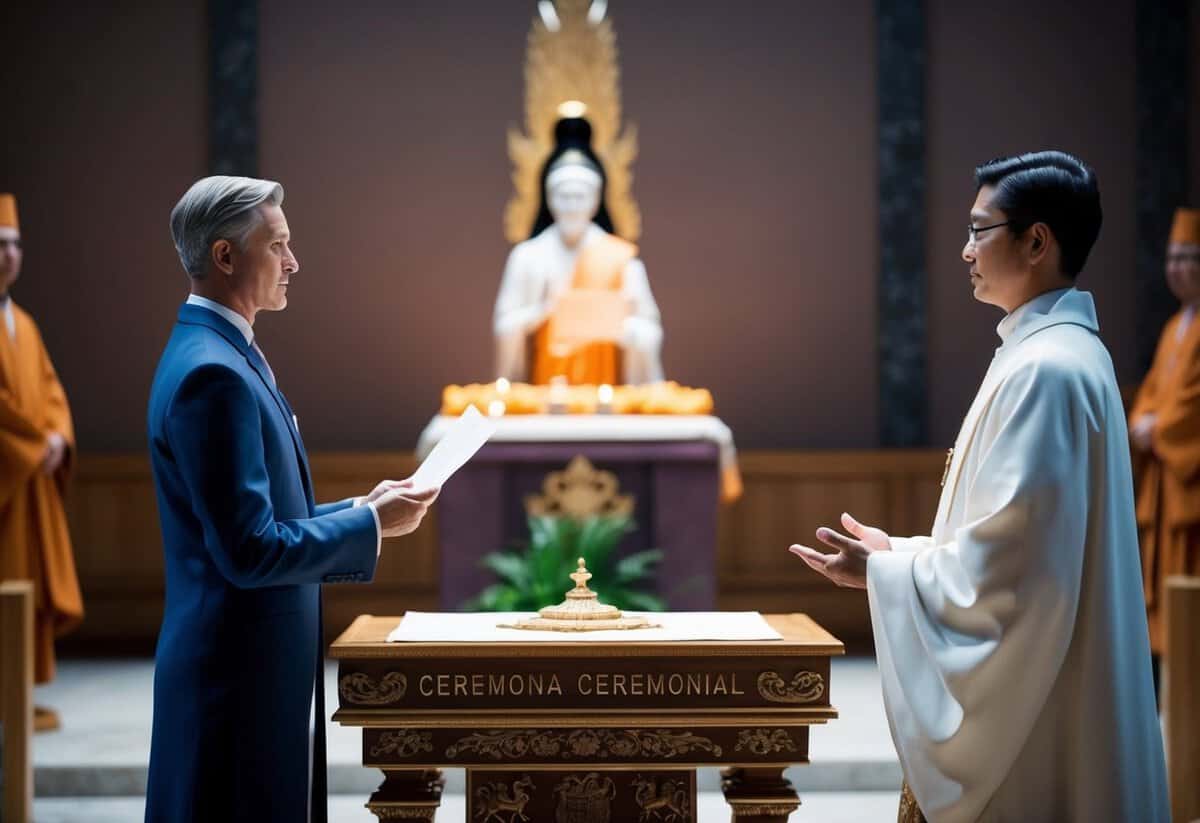 A figure stands before an altar, holding a piece of paper. Another figure faces them, waiting to speak. The setting is serene and ceremonial