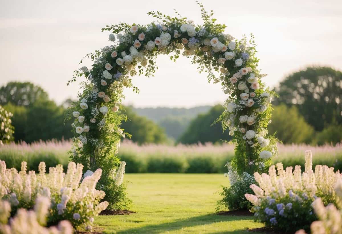A serene outdoor setting with a flower-filled archway and a gentle breeze