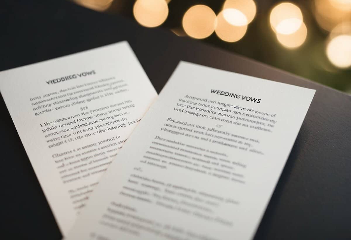 Two sets of wedding vows on separate pieces of paper, one slightly overlapping the other