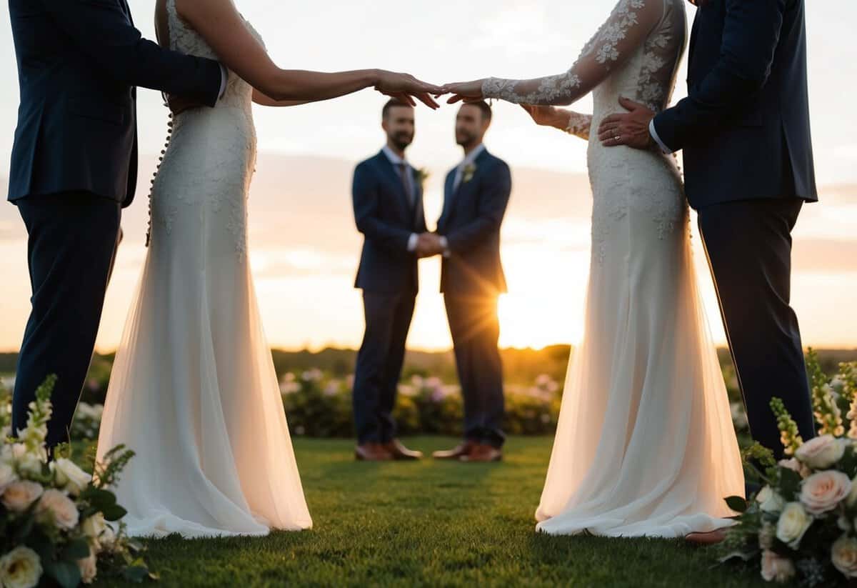 A couple standing facing each other, surrounded by flowers and a beautiful sunset in the background, exchanging wedding vows