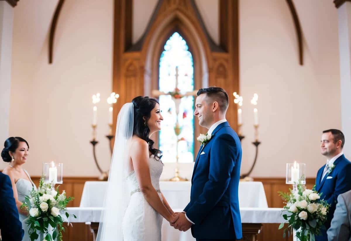 The bride and groom stand facing each other at the altar, ready to exchange vows