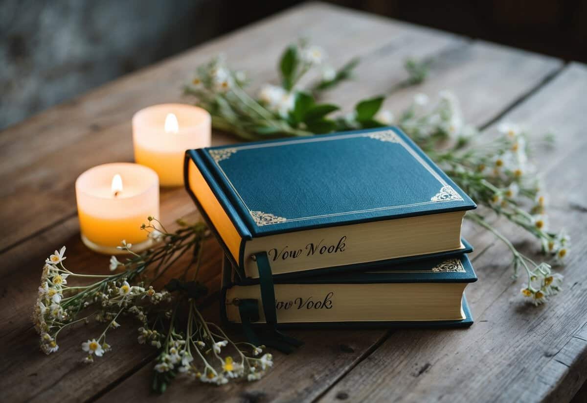 A pair of elegant vow books sit on a rustic wooden table, surrounded by delicate wildflowers and softly glowing candlelight