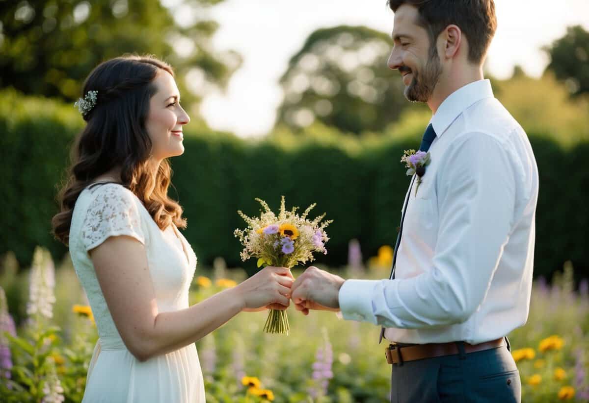 A couple standing in a garden, holding a small bouquet of wildflowers, facing each other with a serene expression, as they exchange simple vows