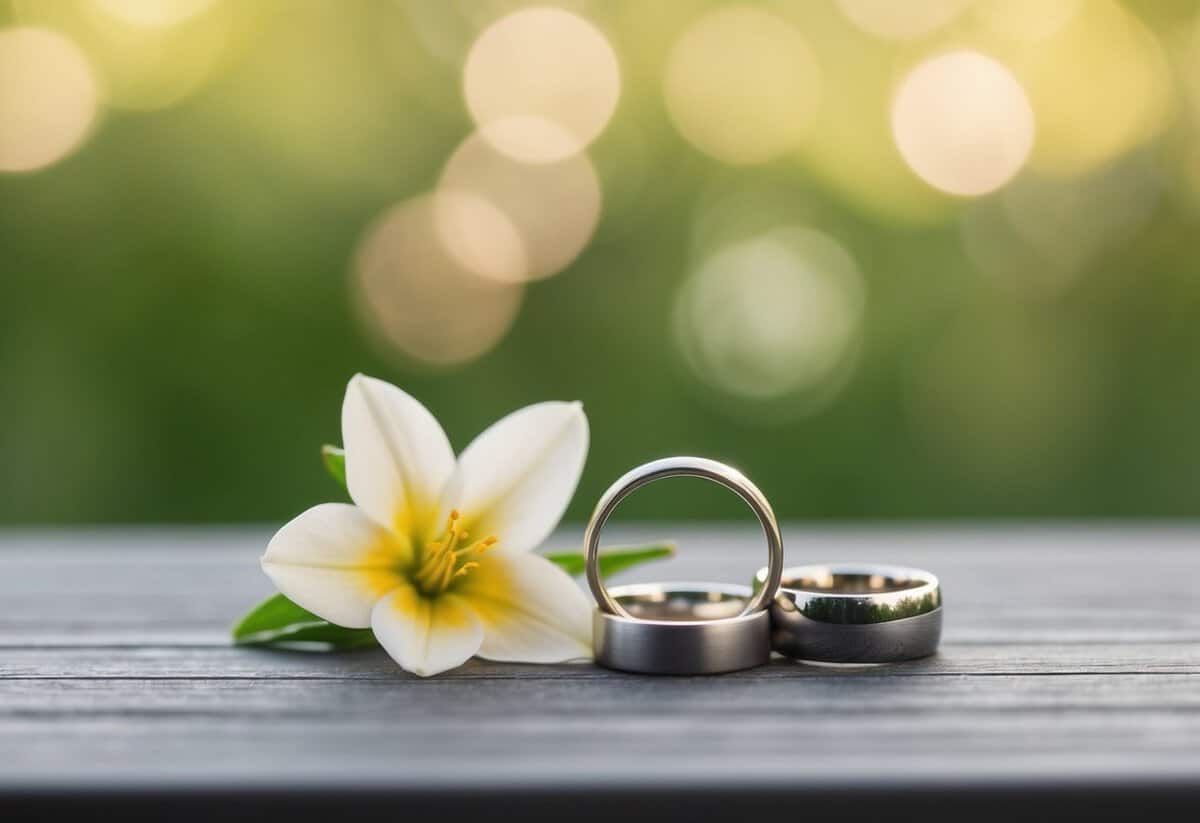 A serene outdoor setting with two intertwined rings and a blooming flower, symbolizing the simplicity and beauty of wedding vows