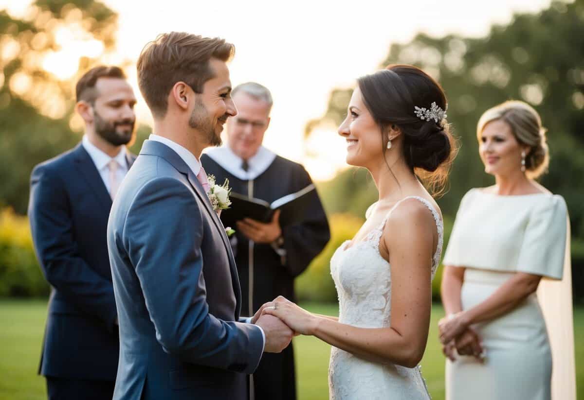 A couple standing facing each other, exchanging vows with a wedding officiant in the background