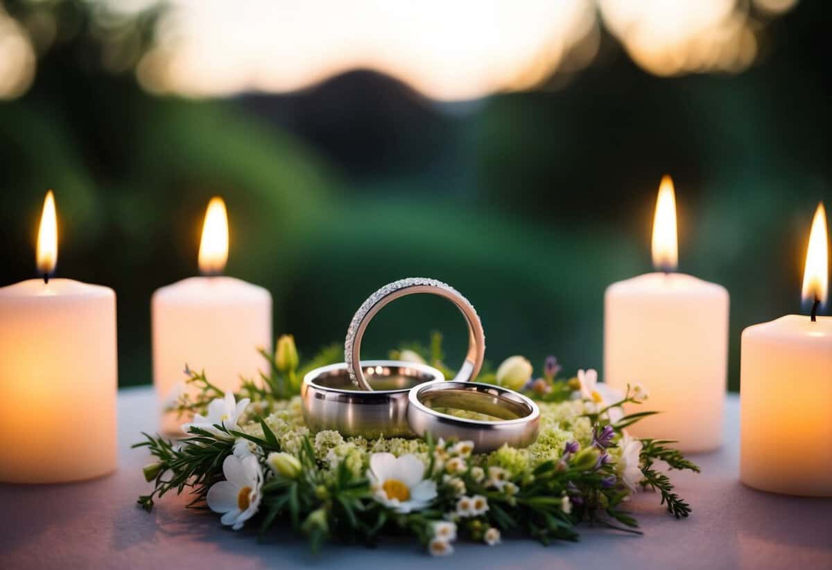 A serene outdoor setting with two intertwined rings resting on a bed of fresh flowers, surrounded by the soft glow of candles