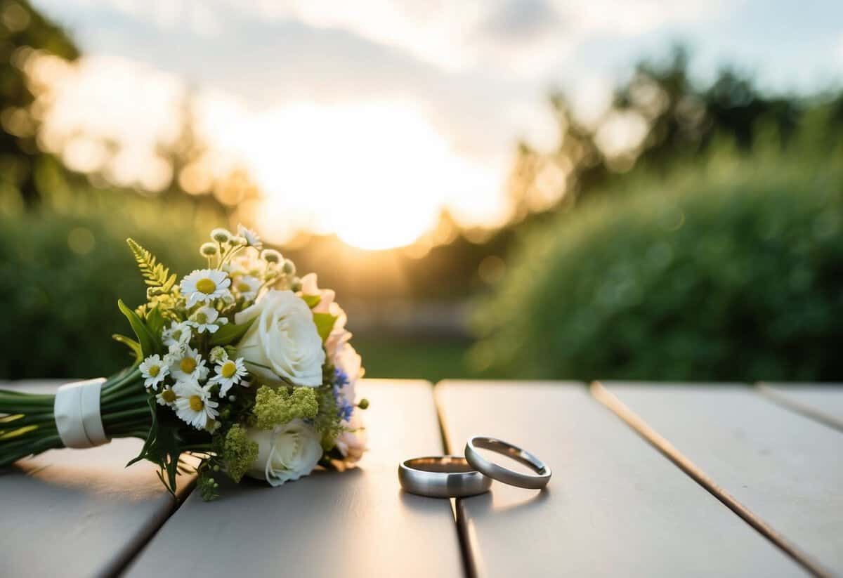 A serene outdoor setting with two intertwined rings and a bouquet of flowers symbolizing a simple and heartfelt wedding vow exchange