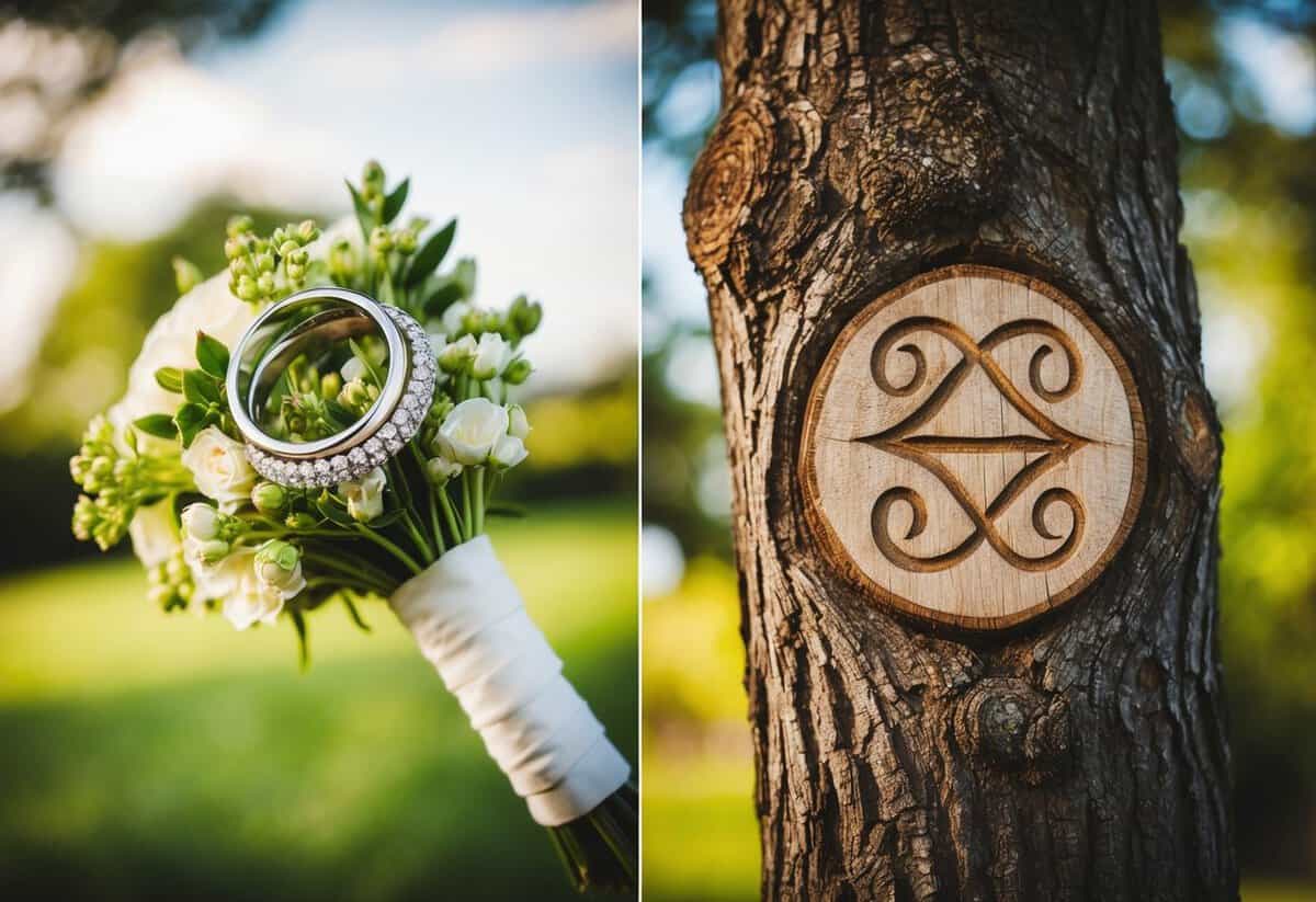 A wedding ring placed on a bouquet, a pair of intertwined wedding bands, a couple's initials carved into a tree