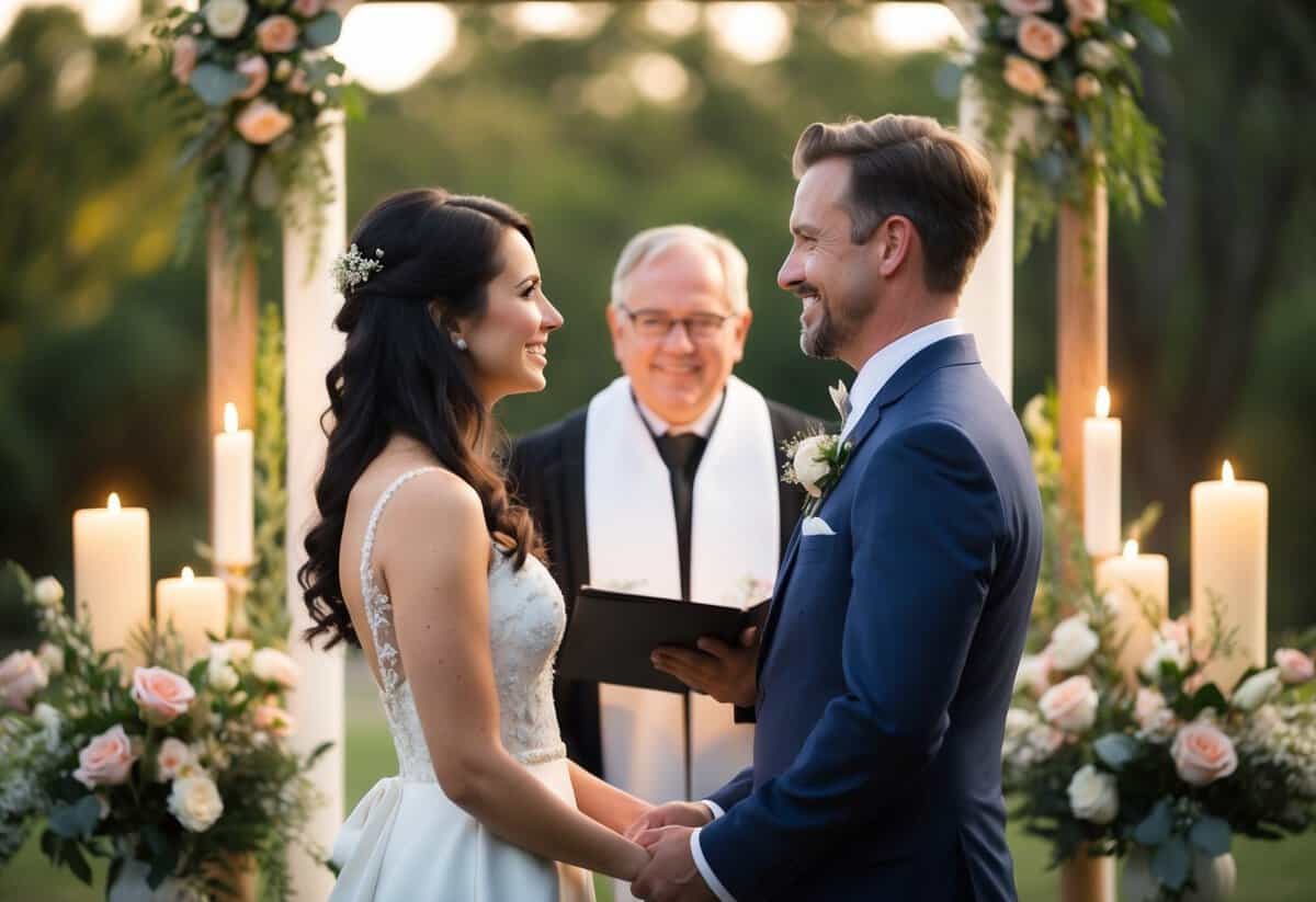 A couple stands facing each other, surrounded by flowers and candles, as a wedding officiant looks on with a warm smile