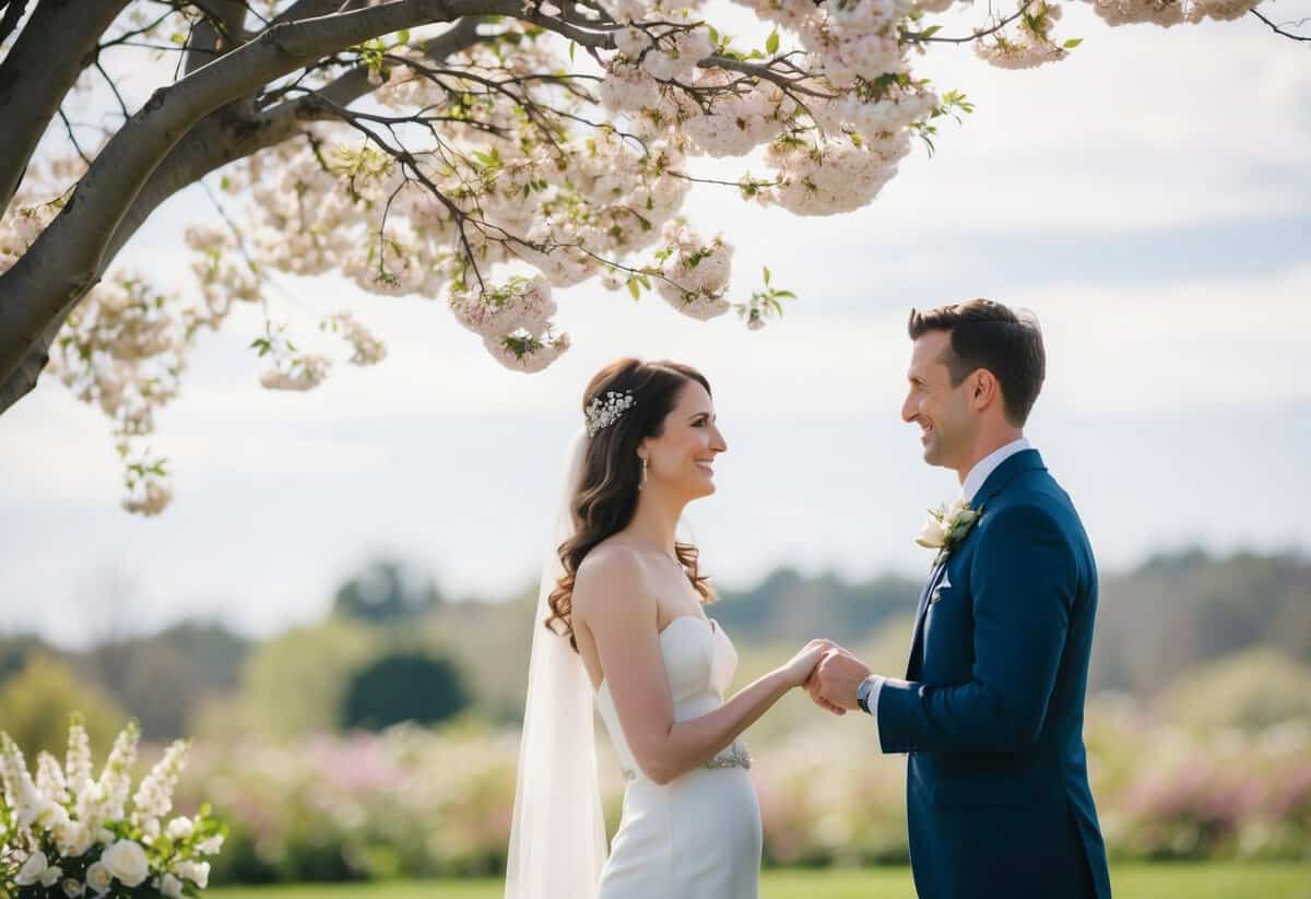 A couple standing under a blooming tree, exchanging vows as a gentle breeze carries the scent of flowers through the air