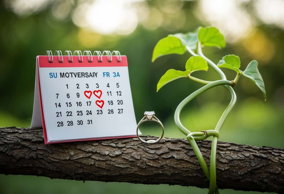 A wedding ring placed on a tree branch, a calendar with a heart drawn on the anniversary date, and a pair of intertwined vines growing together