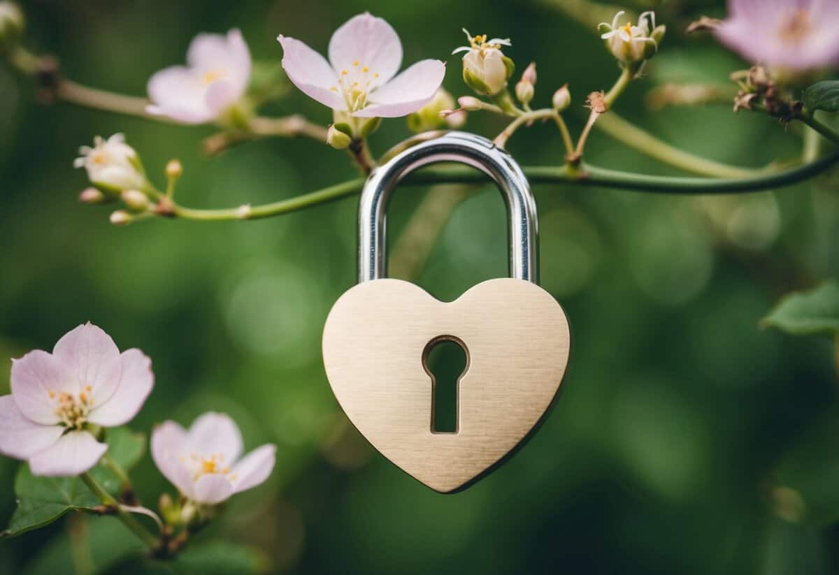 A small heart-shaped lock with a keyhole, surrounded by delicate flowers and vines
