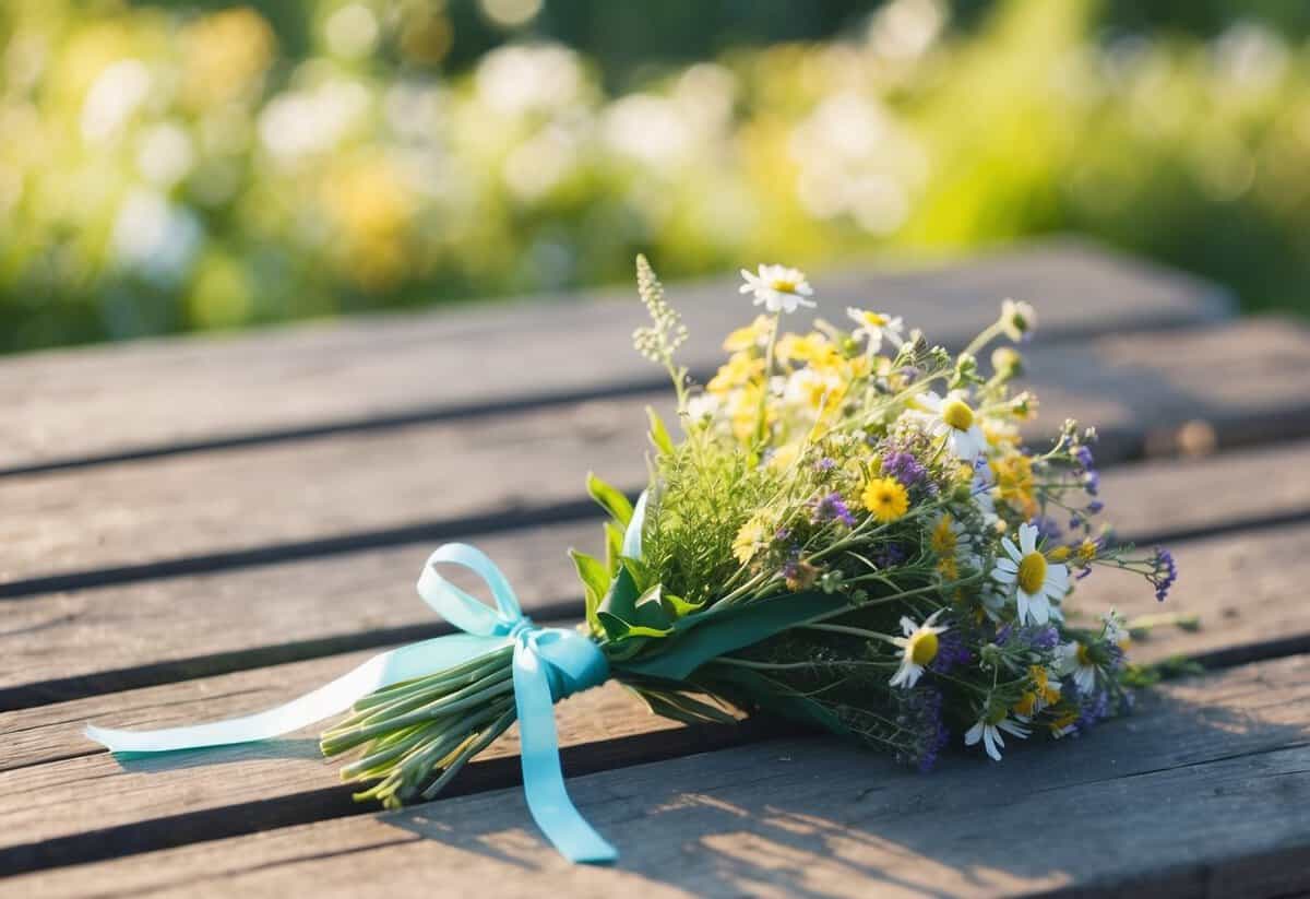 A small, delicate bouquet of wildflowers tied with a ribbon, placed on a rustic wooden table