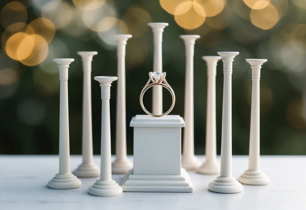 A wedding ring placed on a pedestal, surrounded by five intertwining pillars symbolizing trust, communication, love, respect, and commitment