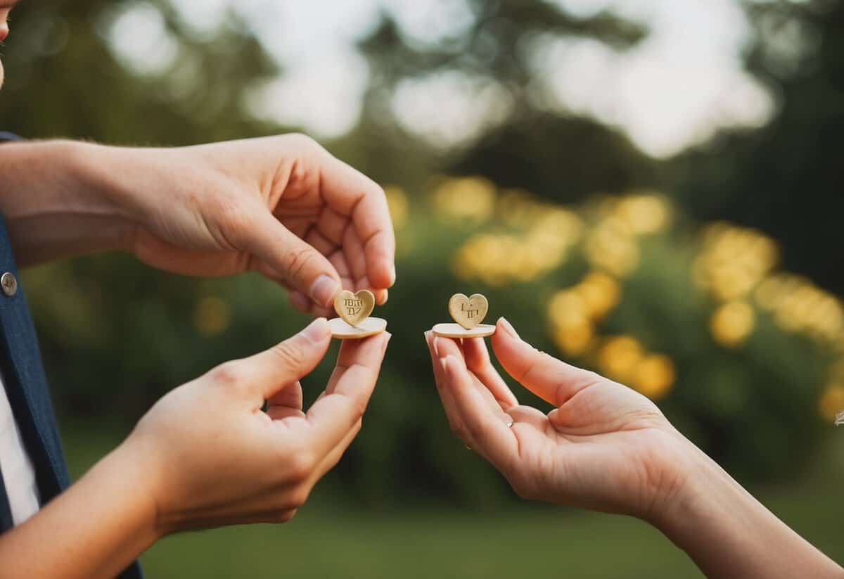 A couple exchanging small, handmade tokens as symbols of their promises to each other