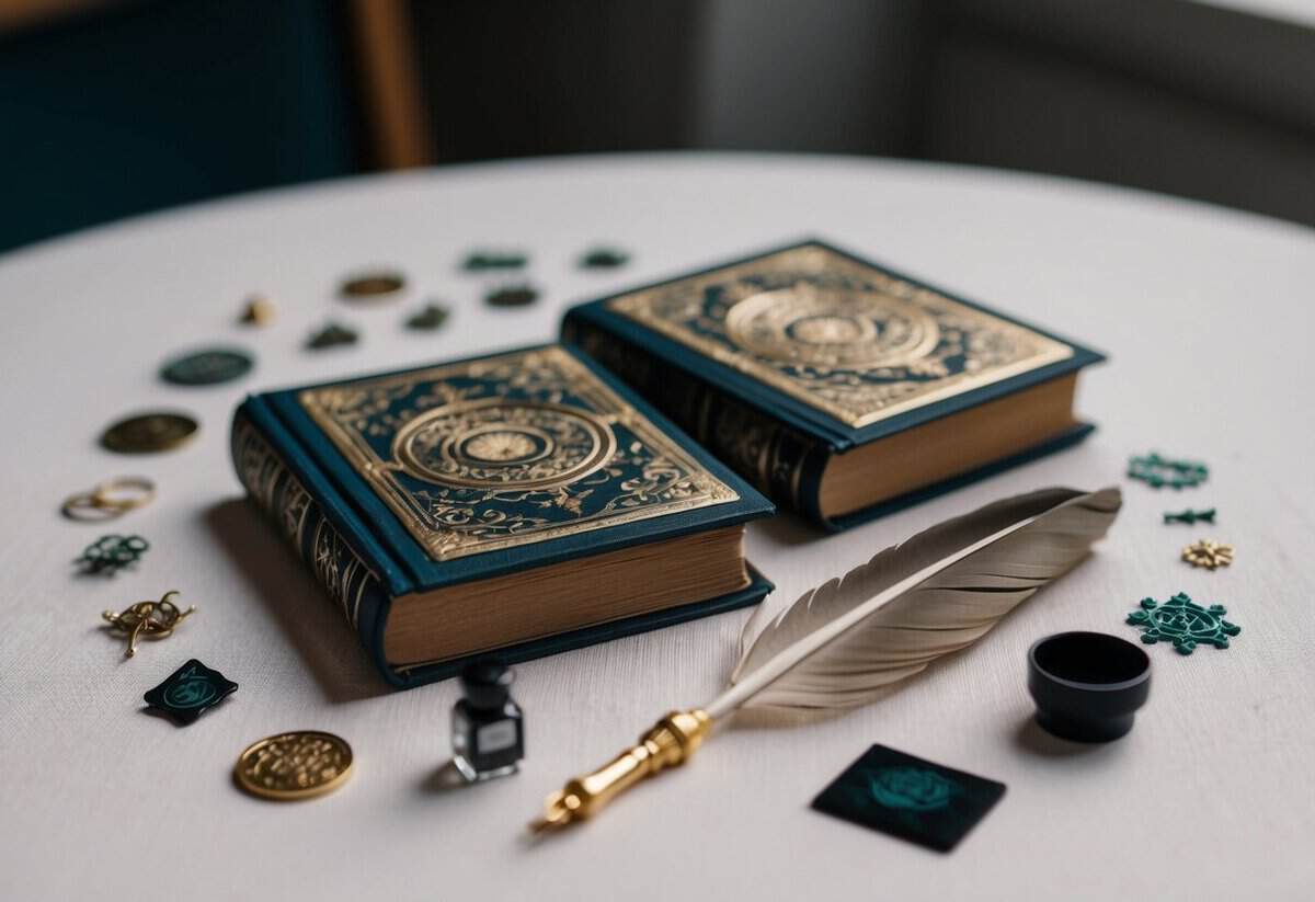 A table set with delicate, handcrafted items - perhaps a small book with ornate designs, a quill and ink, and a collection of tiny, intricate symbols and motifs