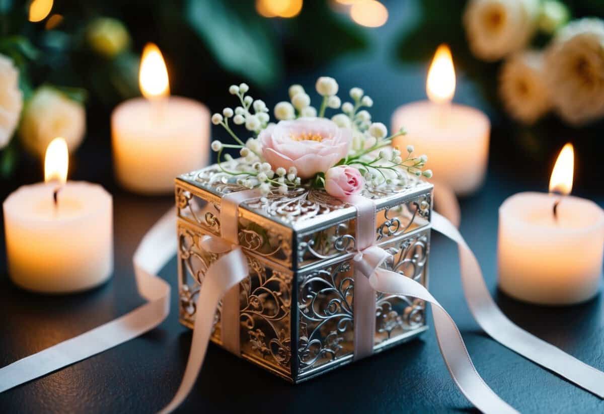 A small, intricately designed box with delicate, intertwined ribbons and flowers, surrounded by flickering candles