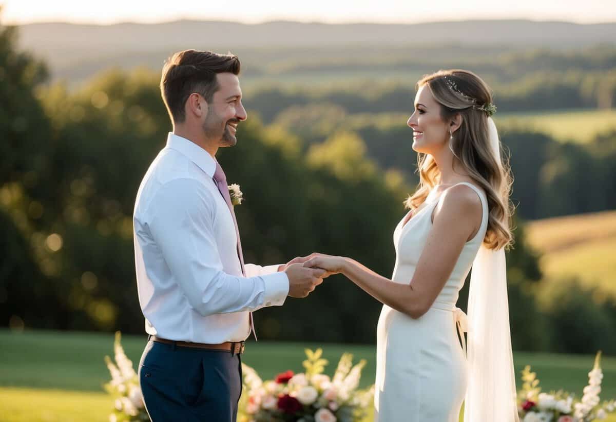 A couple standing together in a serene outdoor setting, exchanging heartfelt vows with a beautiful landscape in the background