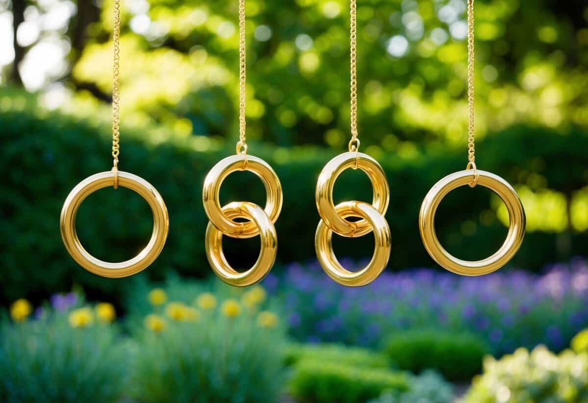 A serene garden with four intertwining golden rings suspended in the air, symbolizing the four golden rules of marriage
