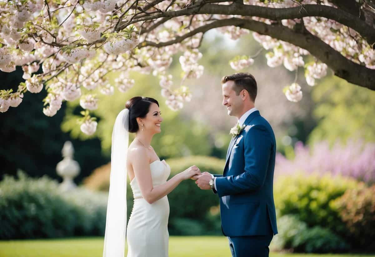 A couple standing under a blooming tree, exchanging vows in a serene garden setting