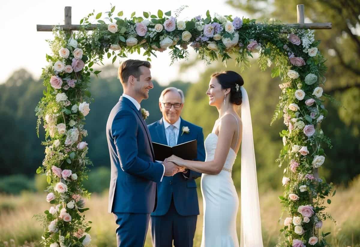A couple standing under a floral arch, surrounded by nature, exchanging vows with a serene and joyful expression