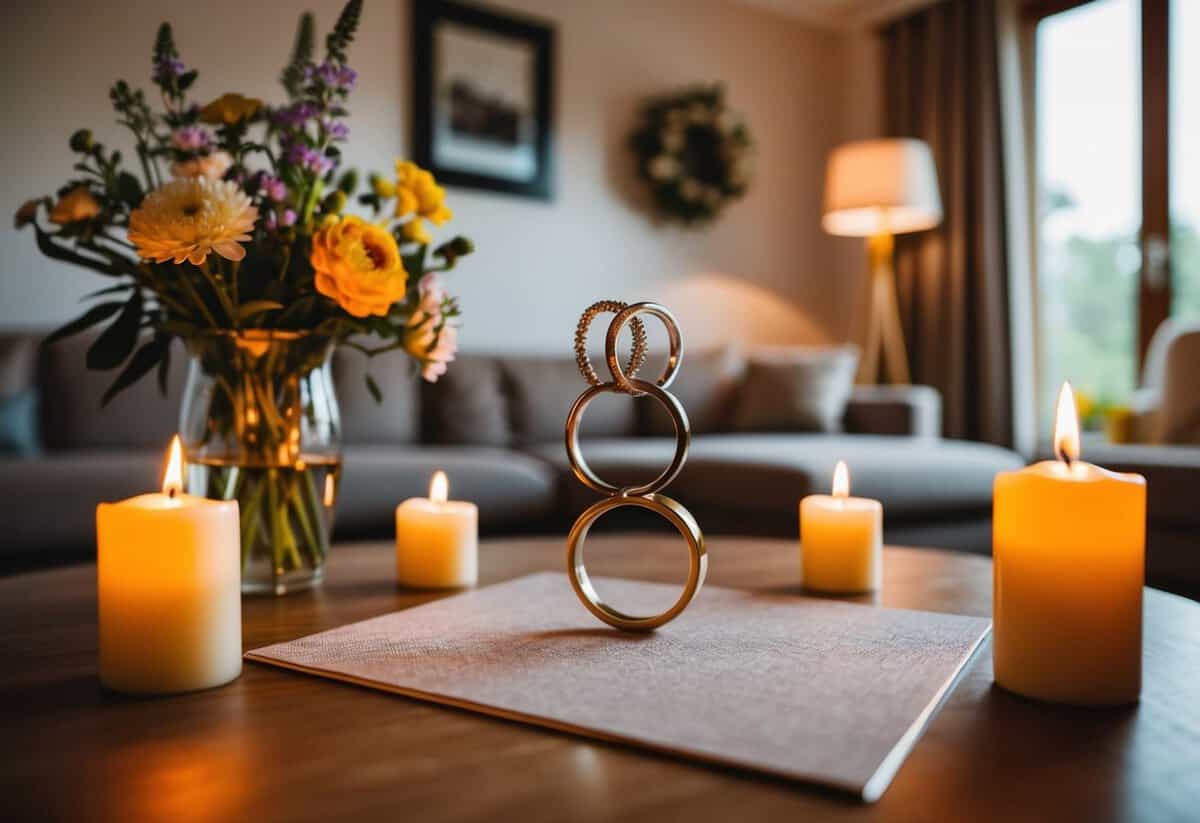 A cozy living room with two interlocked wedding rings on a table, surrounded by flickering candles and a vase of fresh flowers