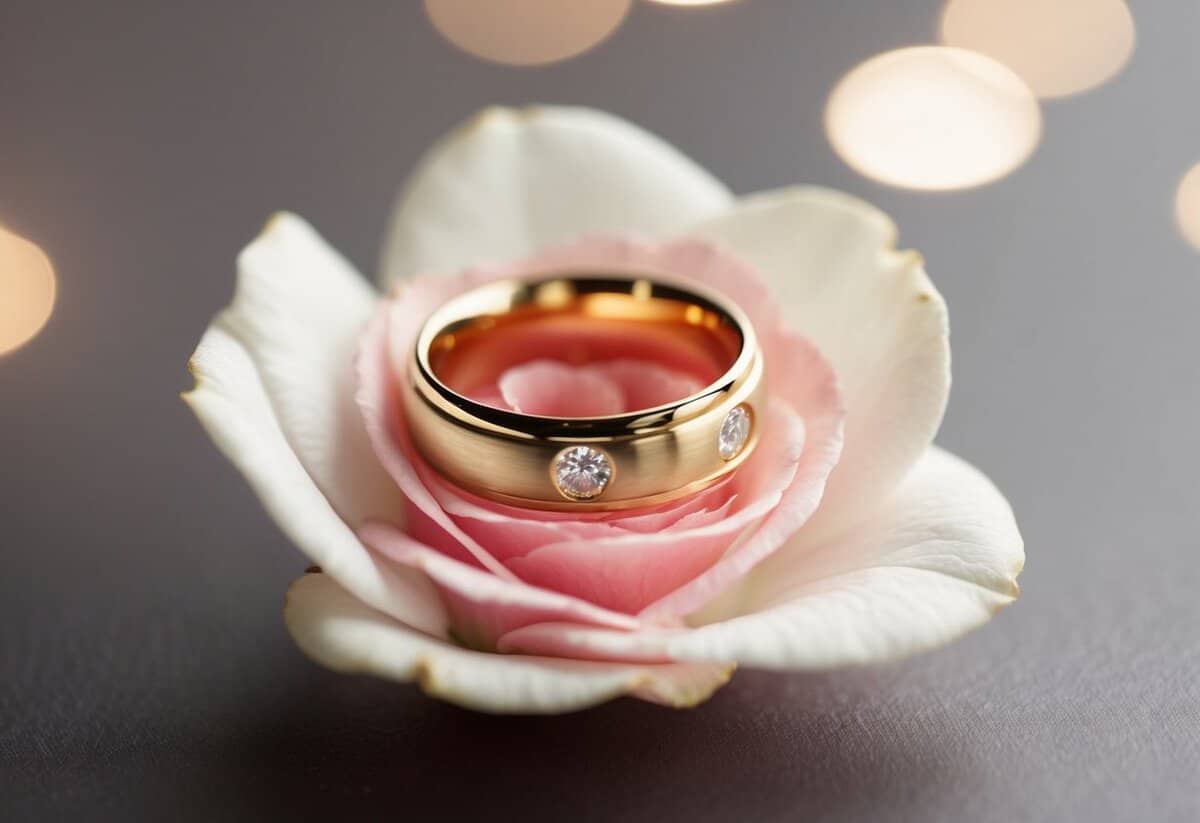 A gold wedding band placed on a delicate rose petal