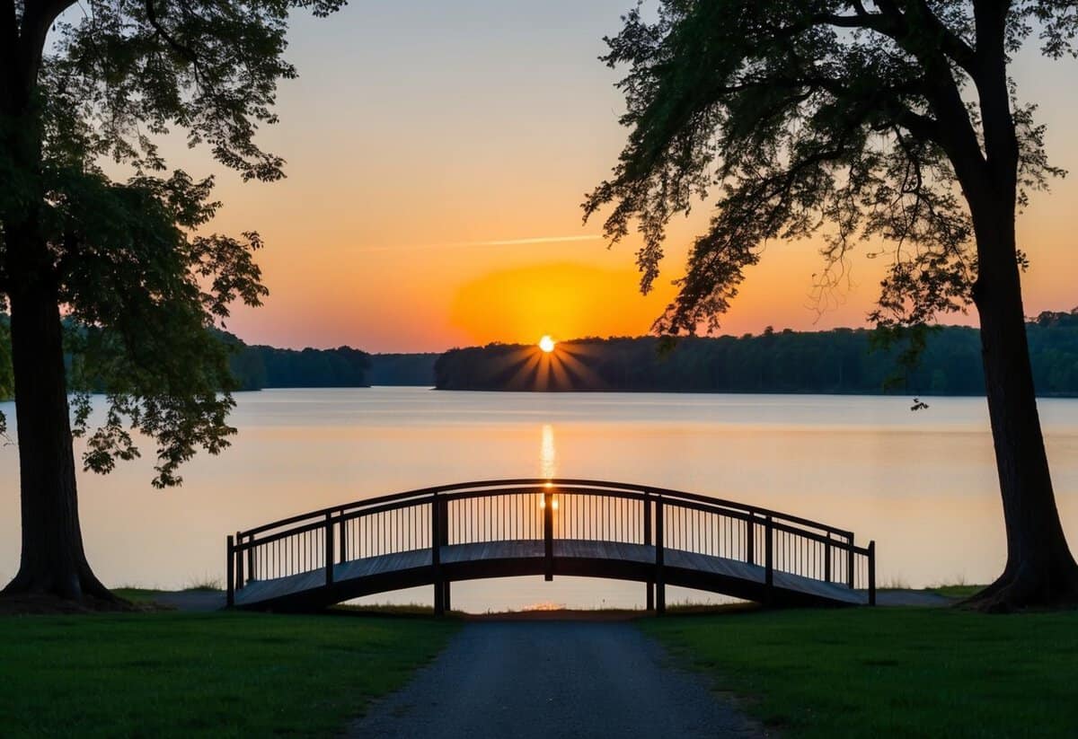 A serene sunset over a calm lake, with two trees intertwined and a bridge connecting them, symbolizing the 4 golden rules of marriage: communication, compromise, commitment, and forgiveness