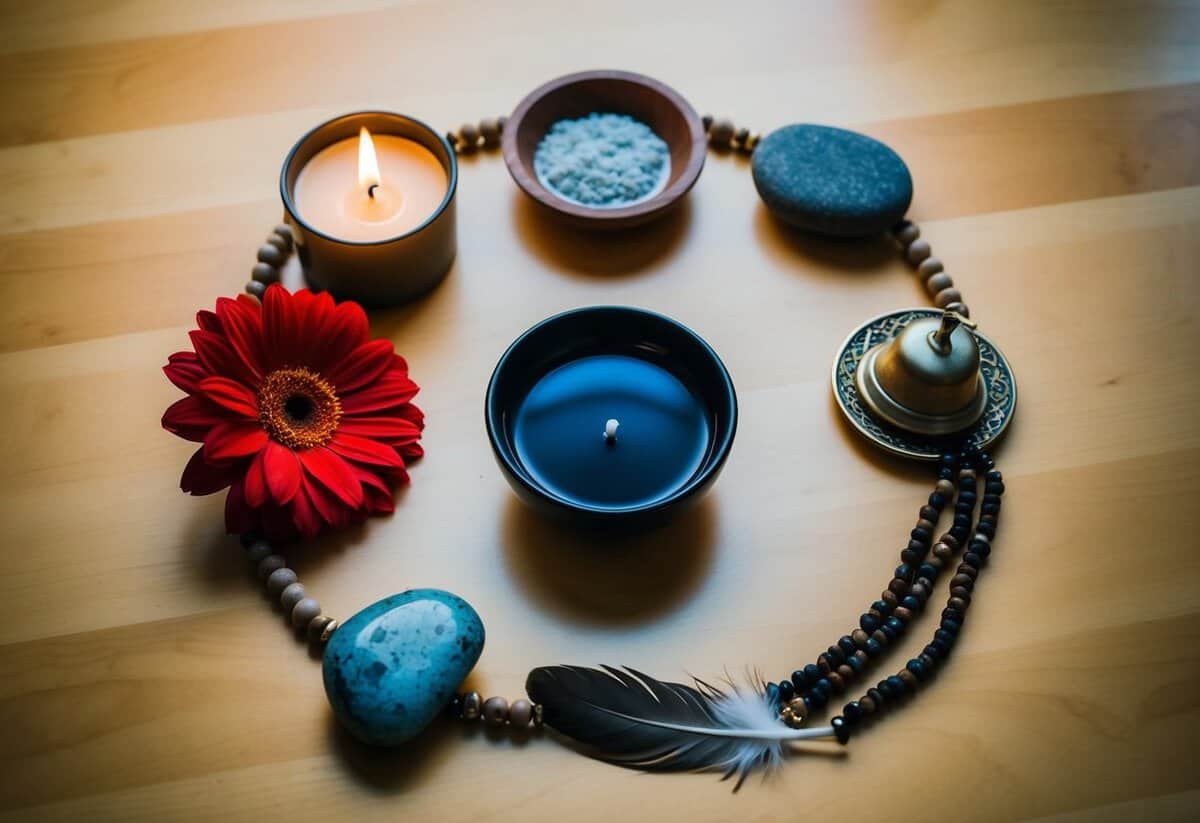 Seven symbolic objects arranged in a circle: a candle, a flower, a bowl of water, a feather, a stone, a strand of beads, and a small bell