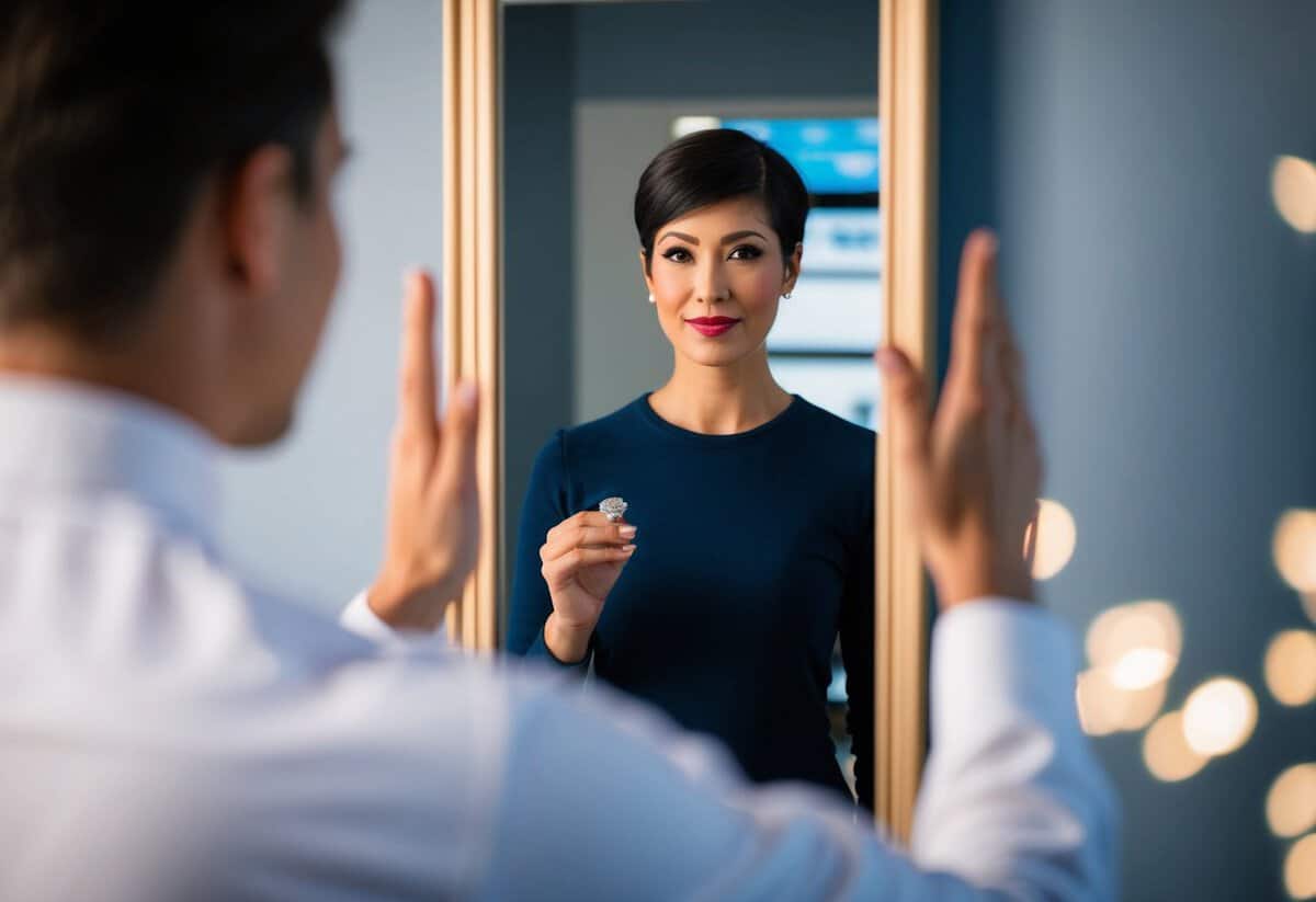 A person standing in front of a mirror, holding a wedding ring, with a look of determination and love in their eyes
