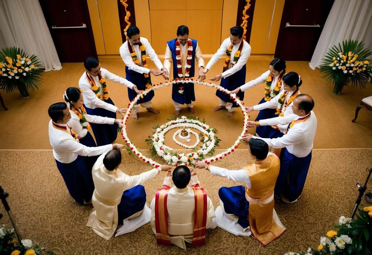 The bride circles the groom seven times, symbolizing the seven blessings and the creation of a spiritual bond in a traditional wedding ceremony