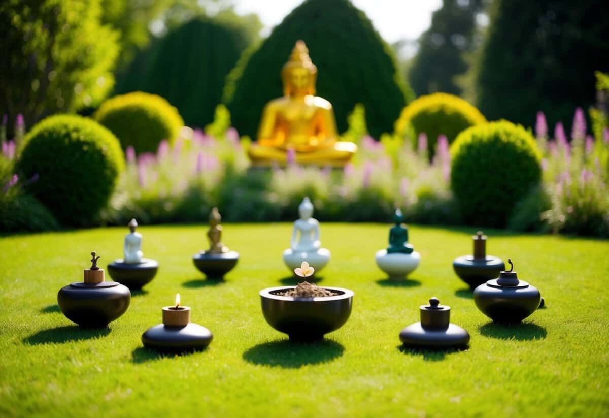 A serene garden with seven symbolic objects arranged in a circle, representing the seven sacred vows