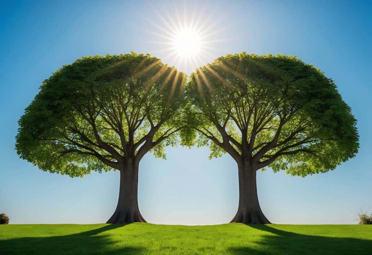 A serene garden with two intertwining trees, symbolizing unity and harmony, under a radiant sun and a clear blue sky