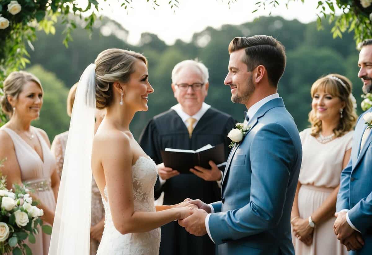 A bride and groom standing face to face exchanging vows in front of an officiant and surrounded by family and friends