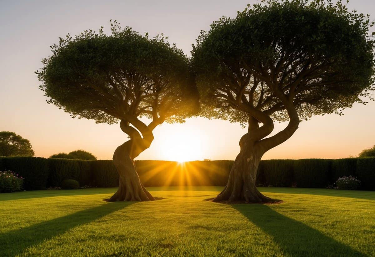 A serene garden with two intertwining trees symbolizing the unity and challenges of marriage, under a golden sunset